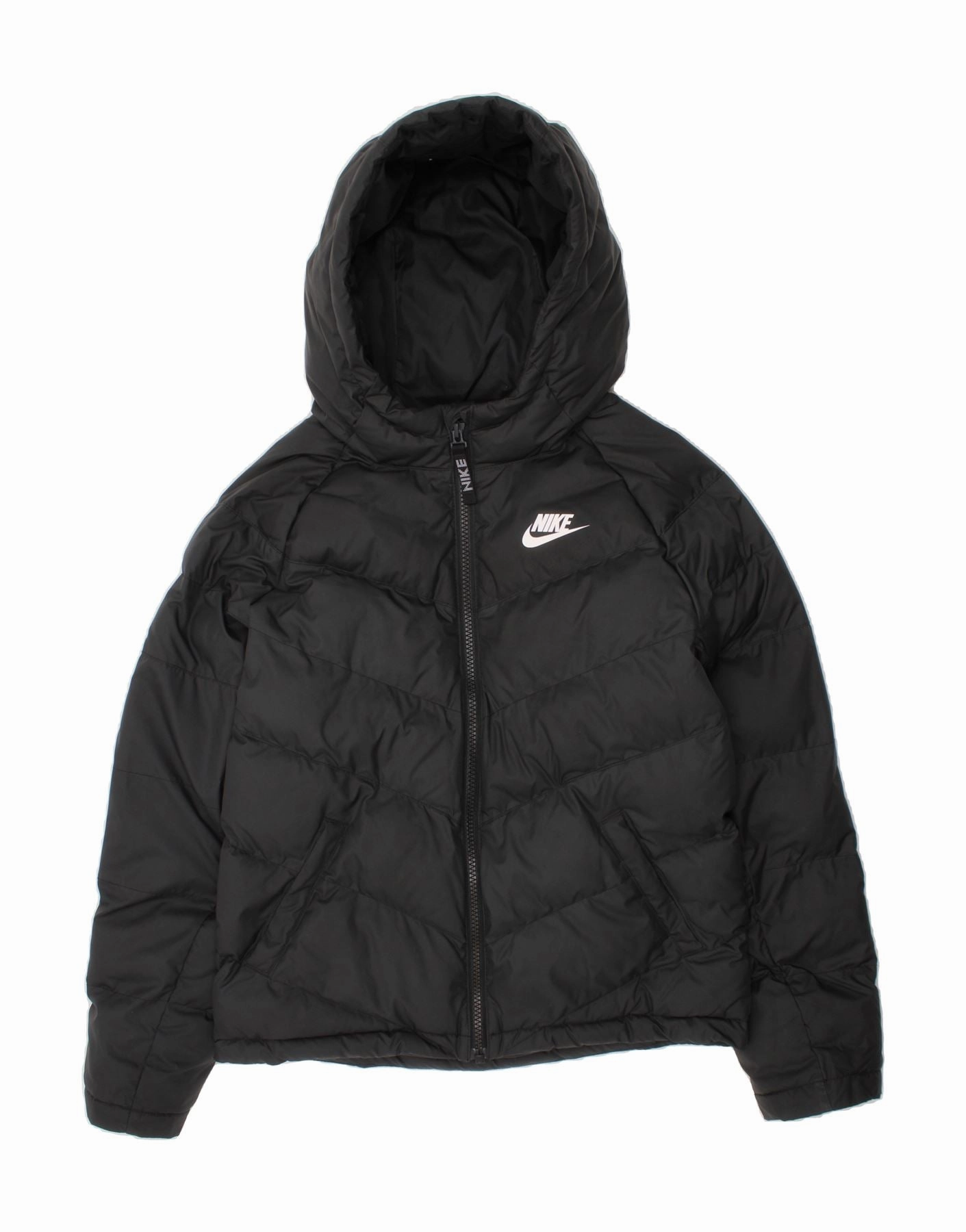 NIKE Boys Hooded Padded Jacket 10-11 Years Medium  Black Polyester Light Reflective Logos Classic Style