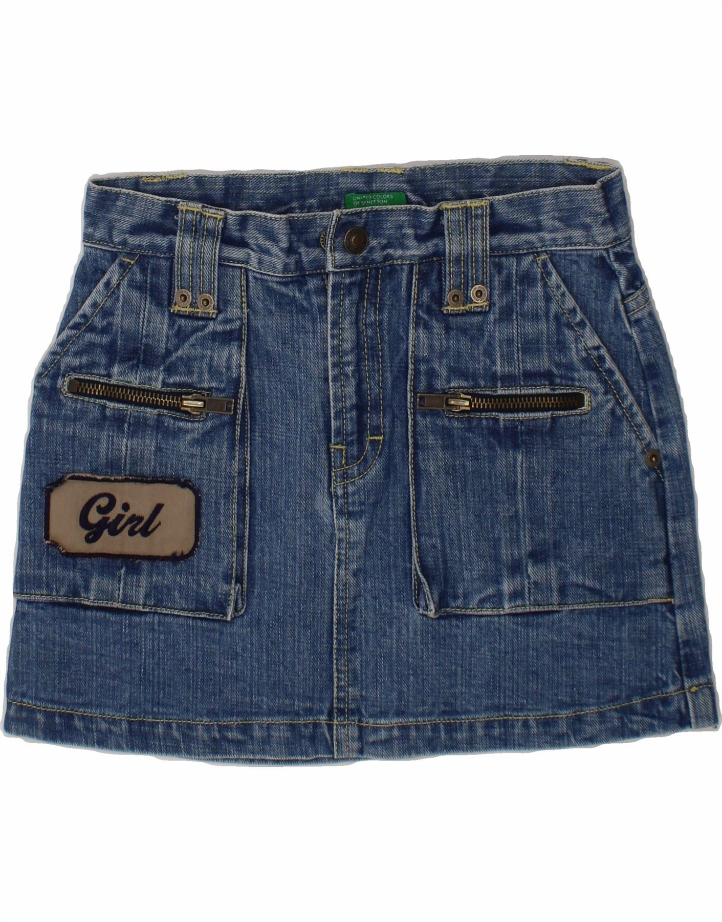 BENETTON Girls Graphic Denim Skirt 7-8 Years Medium W24  Blue Cotton Style Vibes
