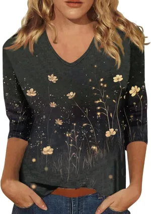 Cotton 3/4 Length Sleeve Shirts for Women Flower Cool Ladies Vneck Blouses Loose Casual Womens Tops