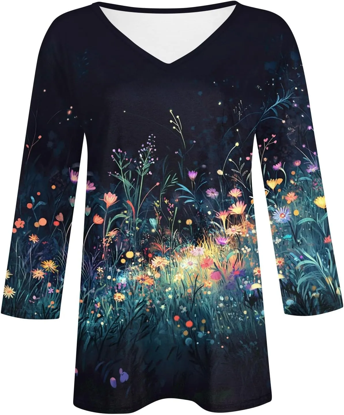 Cotton 3/4 Length Sleeve Shirts for Women Flower Cool Ladies Vneck Blouses Loose Casual Womens Tops