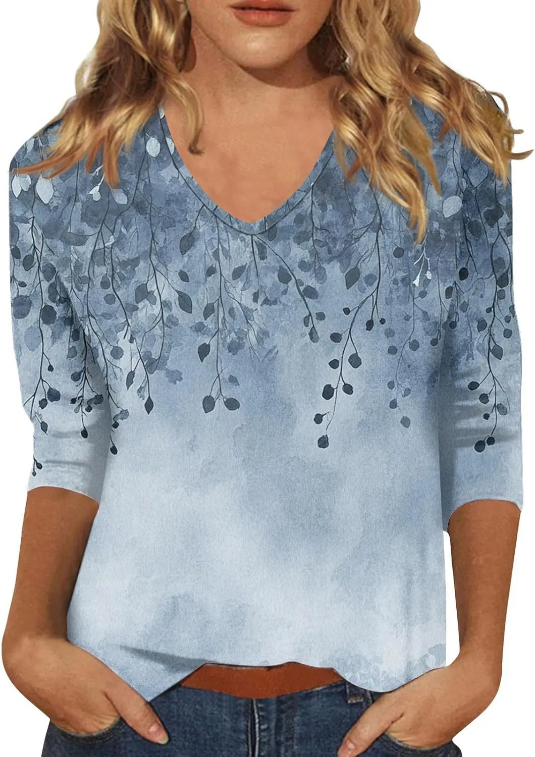 Cotton 3/4 Length Sleeve Shirts for Women Flower Cool Ladies Vneck Blouses Loose Casual Womens Tops