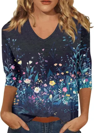 Cotton 3/4 Length Sleeve Shirts for Women Flower Cool Ladies Vneck Blouses Loose Casual Womens Tops