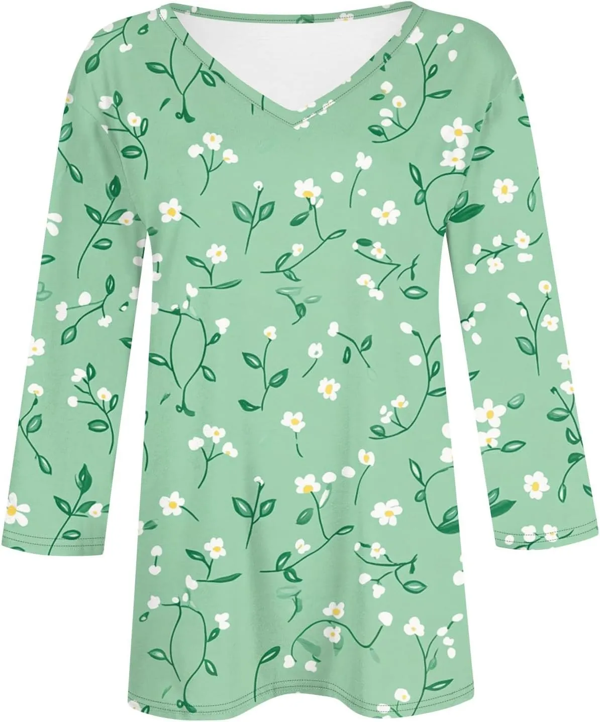 Cotton 3/4 Length Sleeve Shirts for Women Flower Cool Ladies Vneck Blouses Loose Casual Womens Tops