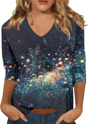 Cotton 3/4 Length Sleeve Shirts for Women Flower Cool Ladies Vneck Blouses Loose Casual Womens Tops