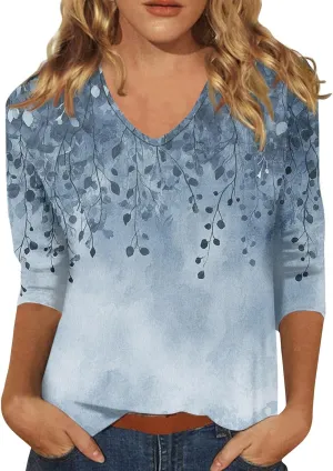 Cotton 3/4 Length Sleeve Shirts for Women Flower Cool Ladies Vneck Blouses Loose Casual Womens Tops
