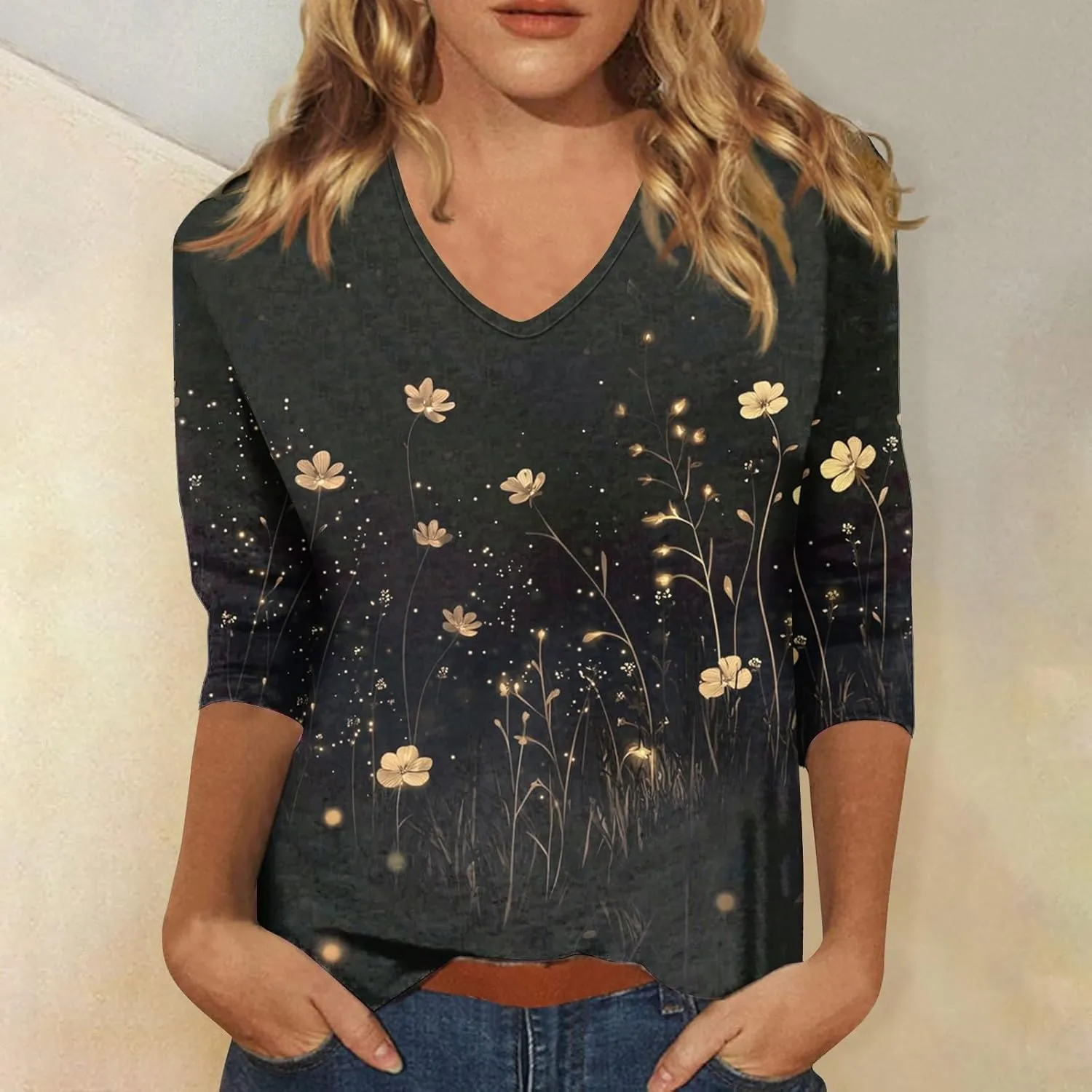 Cotton 3/4 Length Sleeve Shirts for Women Flower Cool Ladies Vneck Blouses Loose Casual Womens Tops