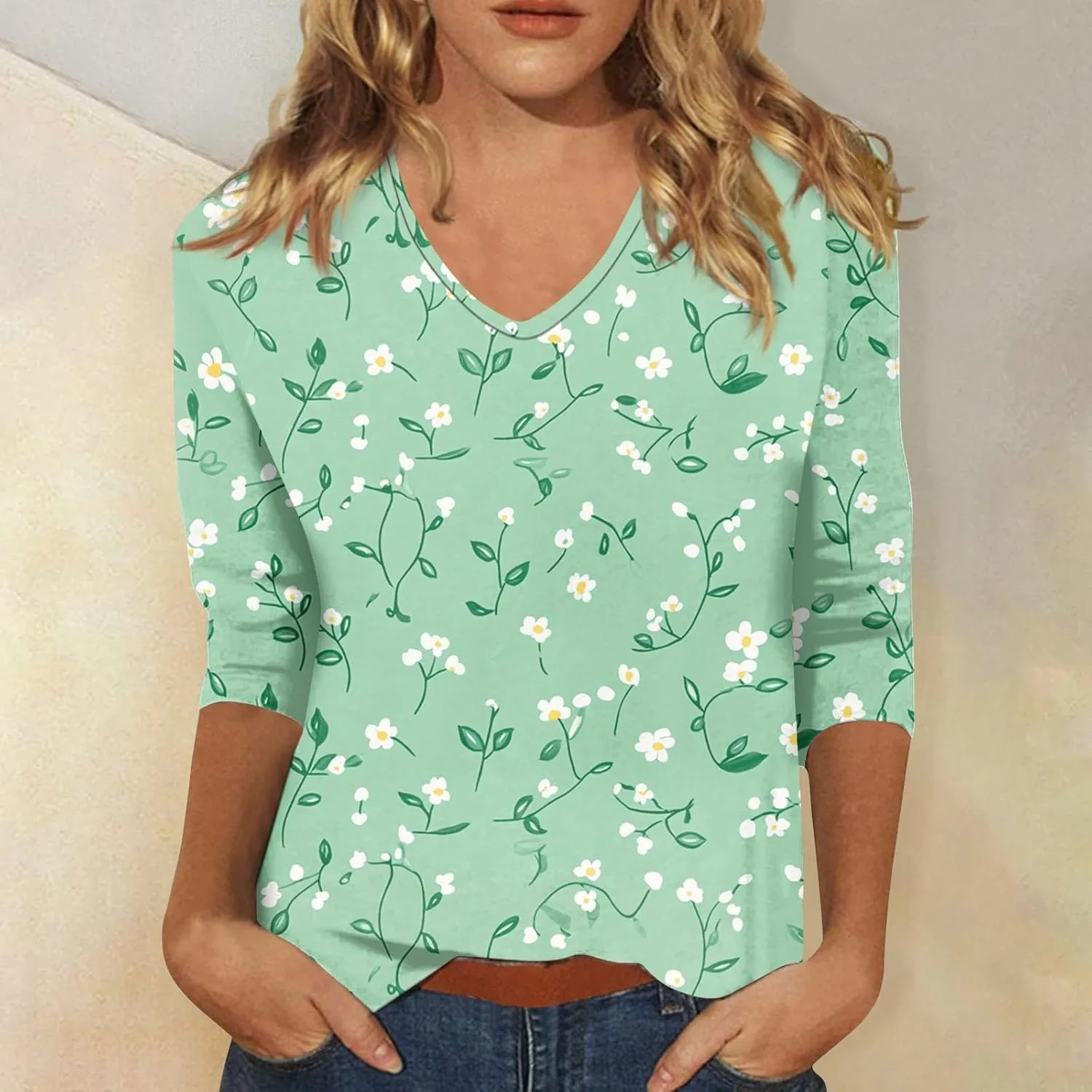 Cotton 3/4 Length Sleeve Shirts for Women Flower Cool Ladies Vneck Blouses Loose Casual Womens Tops