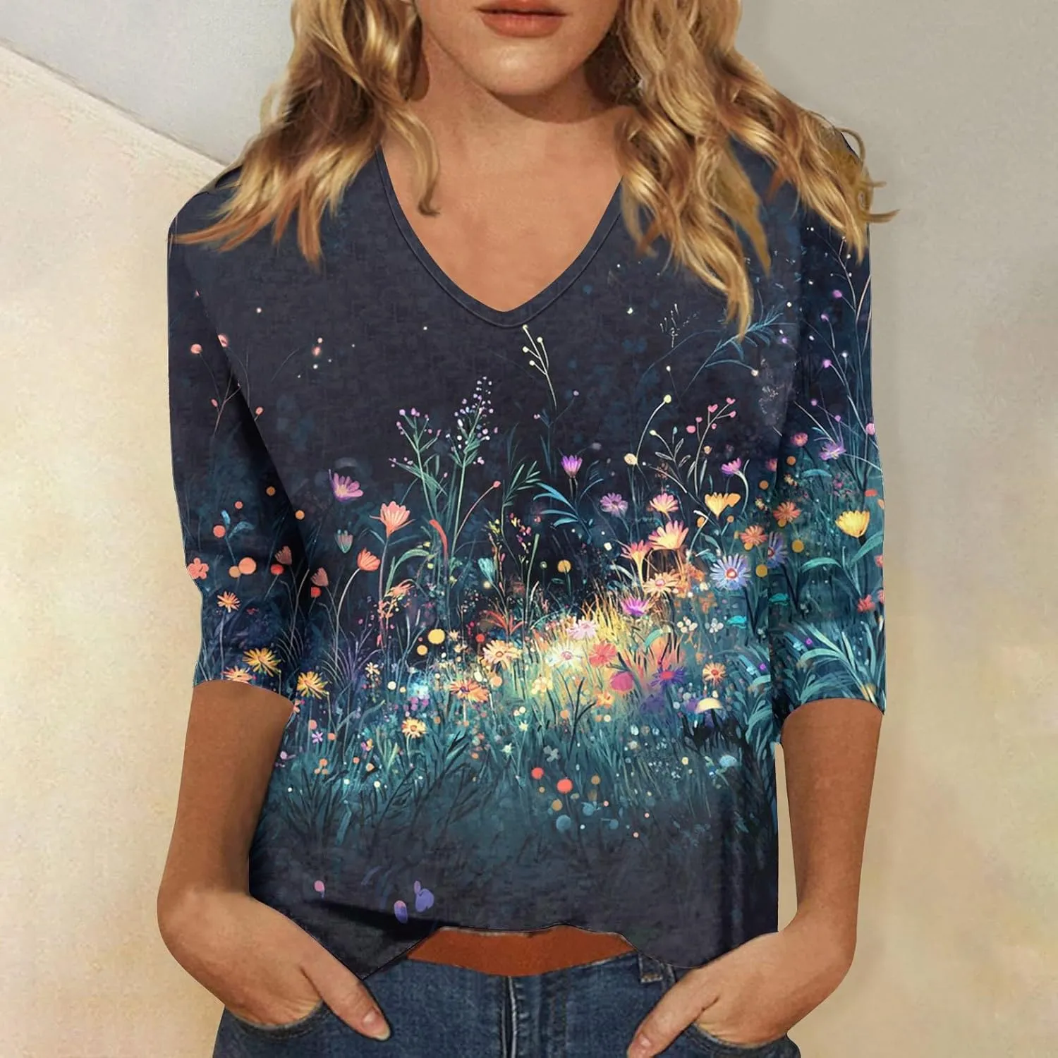 Cotton 3/4 Length Sleeve Shirts for Women Flower Cool Ladies Vneck Blouses Loose Casual Womens Tops