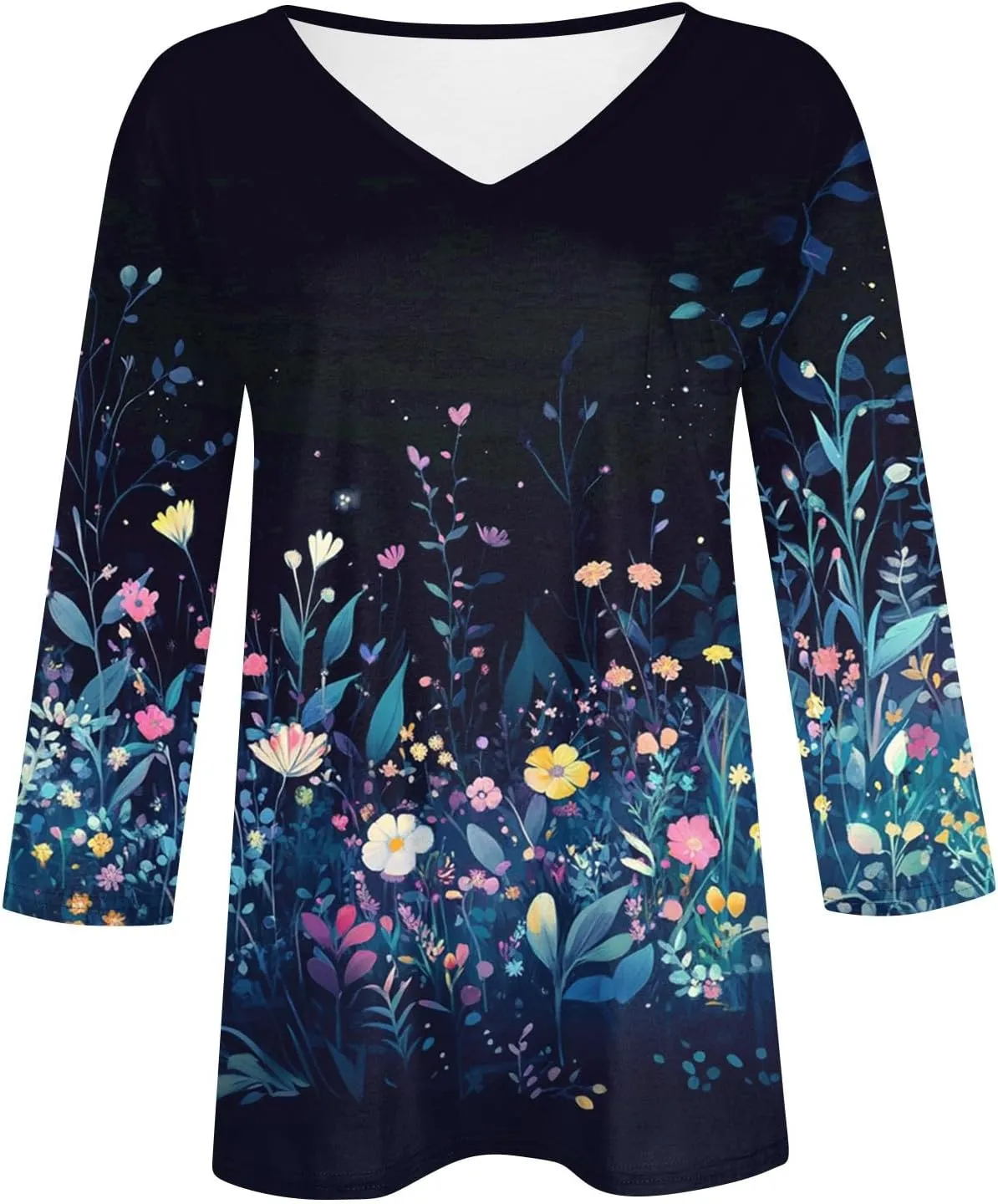 Cotton 3/4 Length Sleeve Shirts for Women Flower Cool Ladies Vneck Blouses Loose Casual Womens Tops