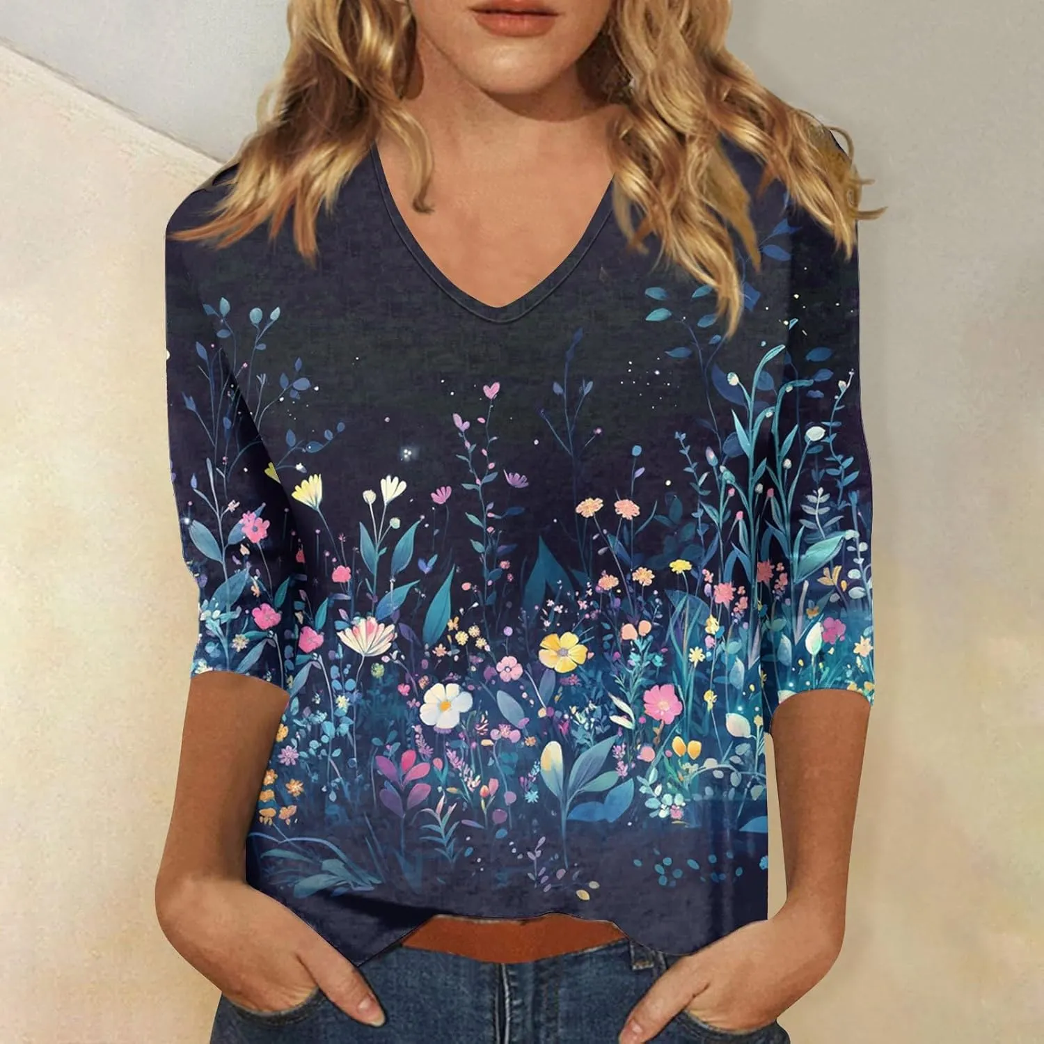 Cotton 3/4 Length Sleeve Shirts for Women Flower Cool Ladies Vneck Blouses Loose Casual Womens Tops