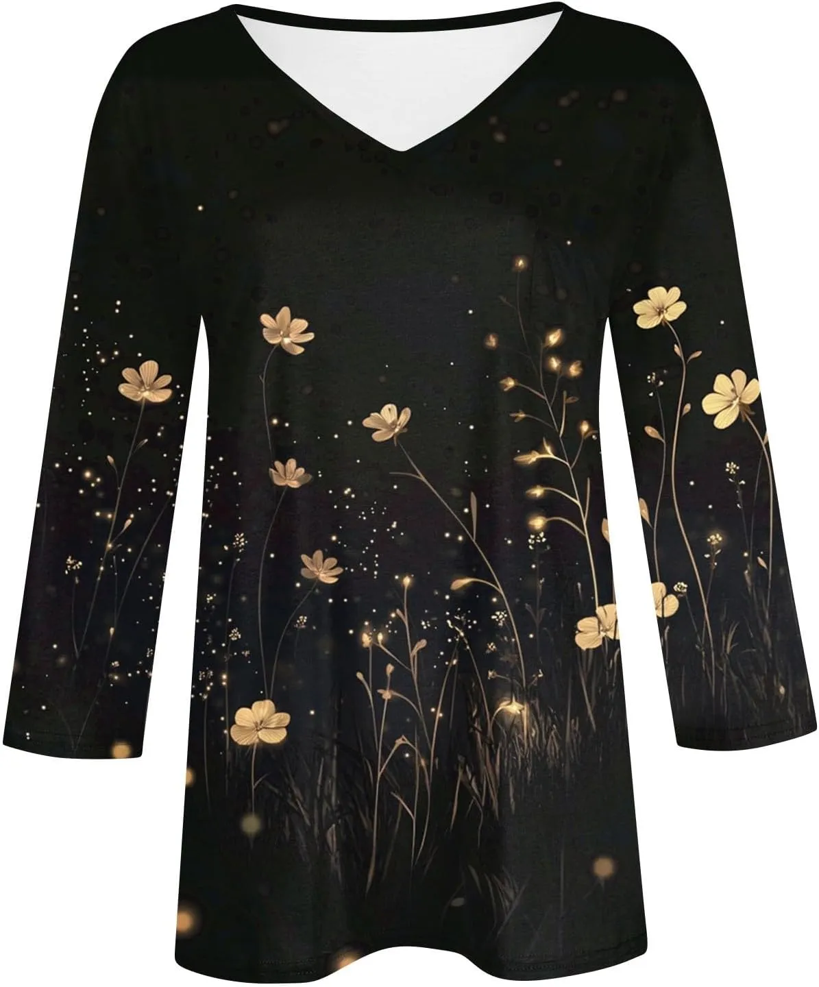 Cotton 3/4 Length Sleeve Shirts for Women Flower Cool Ladies Vneck Blouses Loose Casual Womens Tops