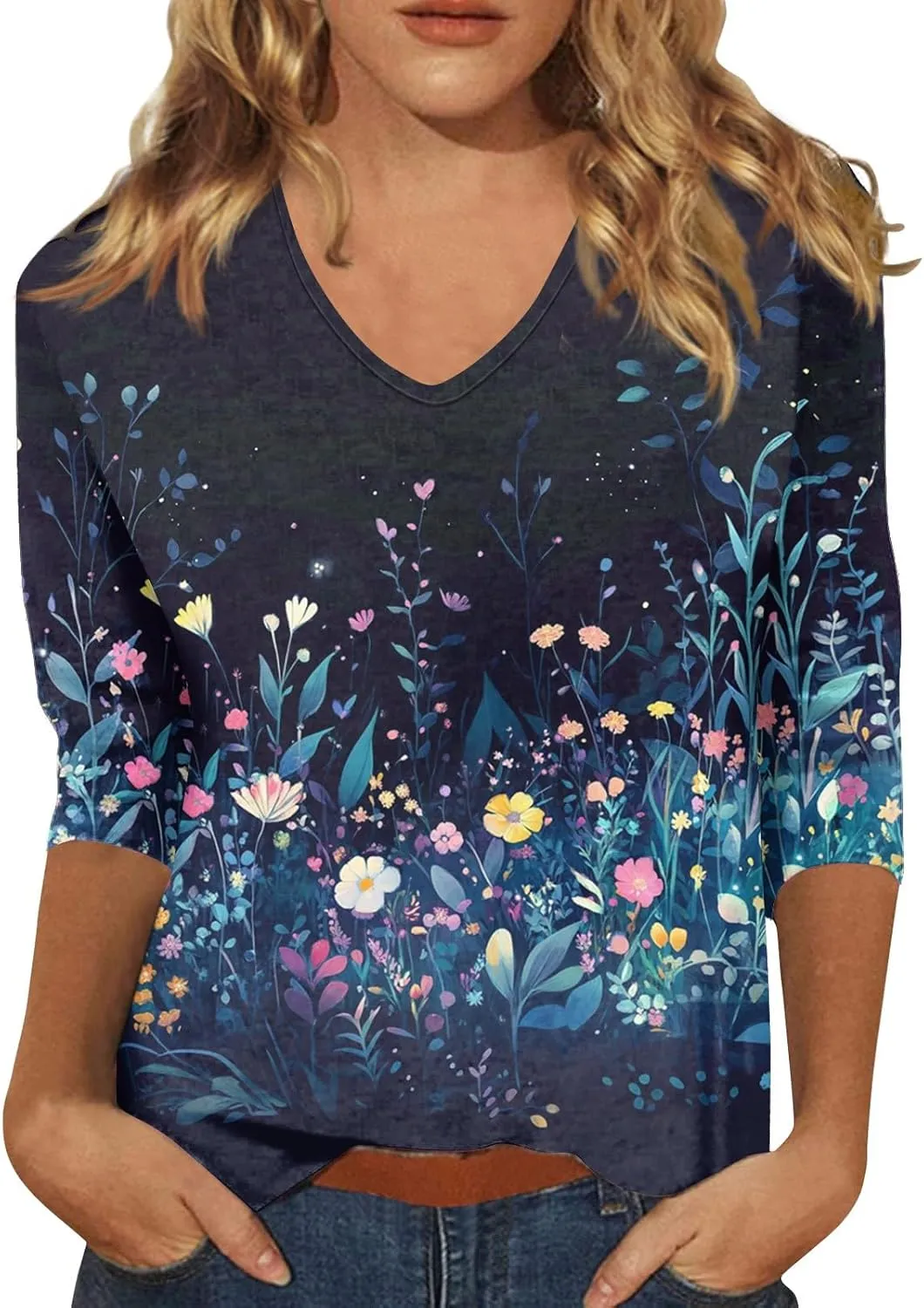 Cotton 3/4 Length Sleeve Shirts for Women Flower Cool Ladies Vneck Blouses Loose Casual Womens Tops