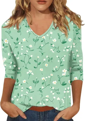 Cotton 3/4 Length Sleeve Shirts for Women Flower Cool Ladies Vneck Blouses Loose Casual Womens Tops