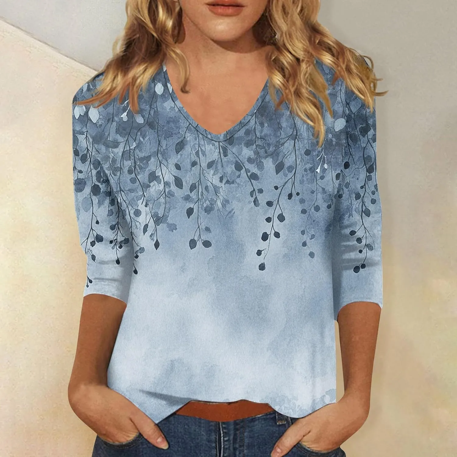 Cotton 3/4 Length Sleeve Shirts for Women Flower Cool Ladies Vneck Blouses Loose Casual Womens Tops
