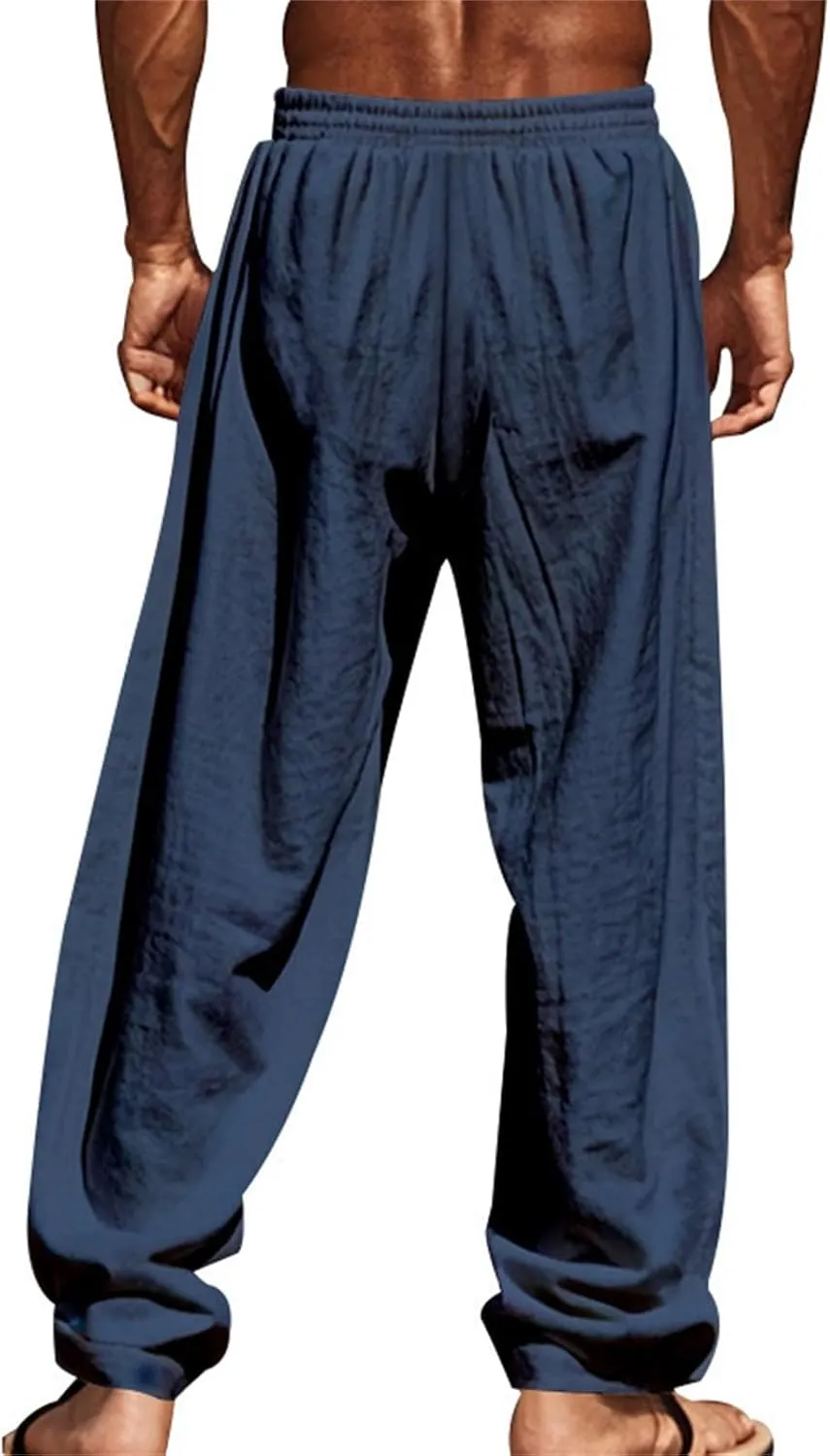 Cotton Linen Cargo Pants for Men America Flag Print Summer Casual Elastic Waist Pant with Pockets Boho Beach Trousers