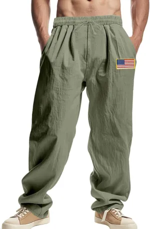 Cotton Linen Cargo Pants for Men America Flag Print Summer Casual Elastic Waist Pant with Pockets Boho Beach Trousers