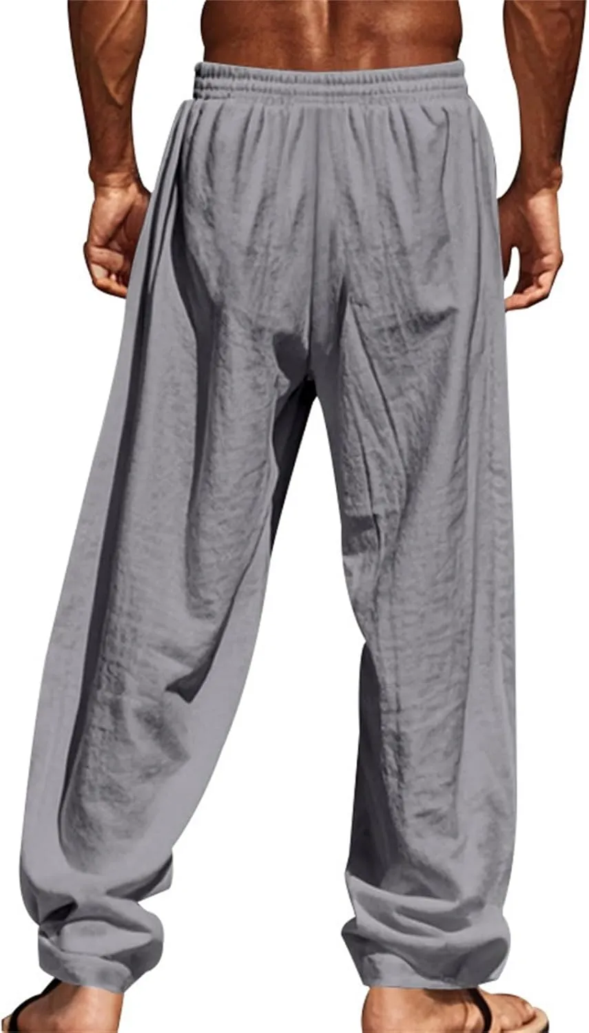 Cotton Linen Cargo Pants for Men America Flag Print Summer Casual Elastic Waist Pant with Pockets Boho Beach Trousers