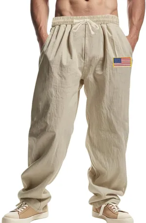 Cotton Linen Cargo Pants for Men America Flag Print Summer Casual Elastic Waist Pant with Pockets Boho Beach Trousers
