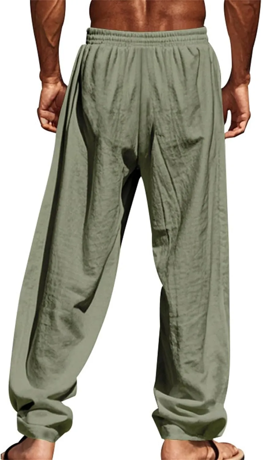 Cotton Linen Cargo Pants for Men America Flag Print Summer Casual Elastic Waist Pant with Pockets Boho Beach Trousers