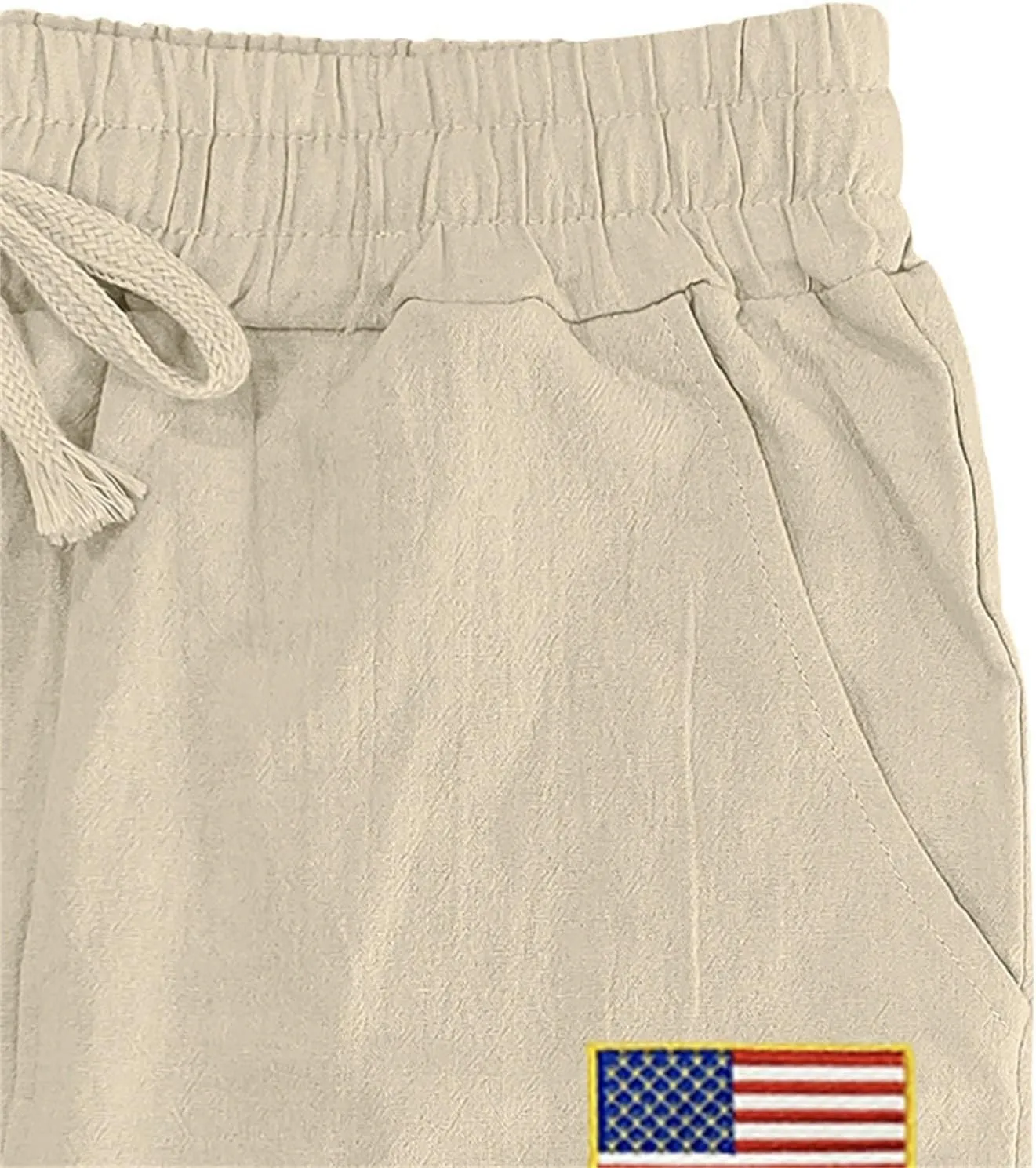 Cotton Linen Cargo Pants for Men America Flag Print Summer Casual Elastic Waist Pant with Pockets Boho Beach Trousers