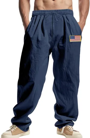 Cotton Linen Cargo Pants for Men America Flag Print Summer Casual Elastic Waist Pant with Pockets Boho Beach Trousers