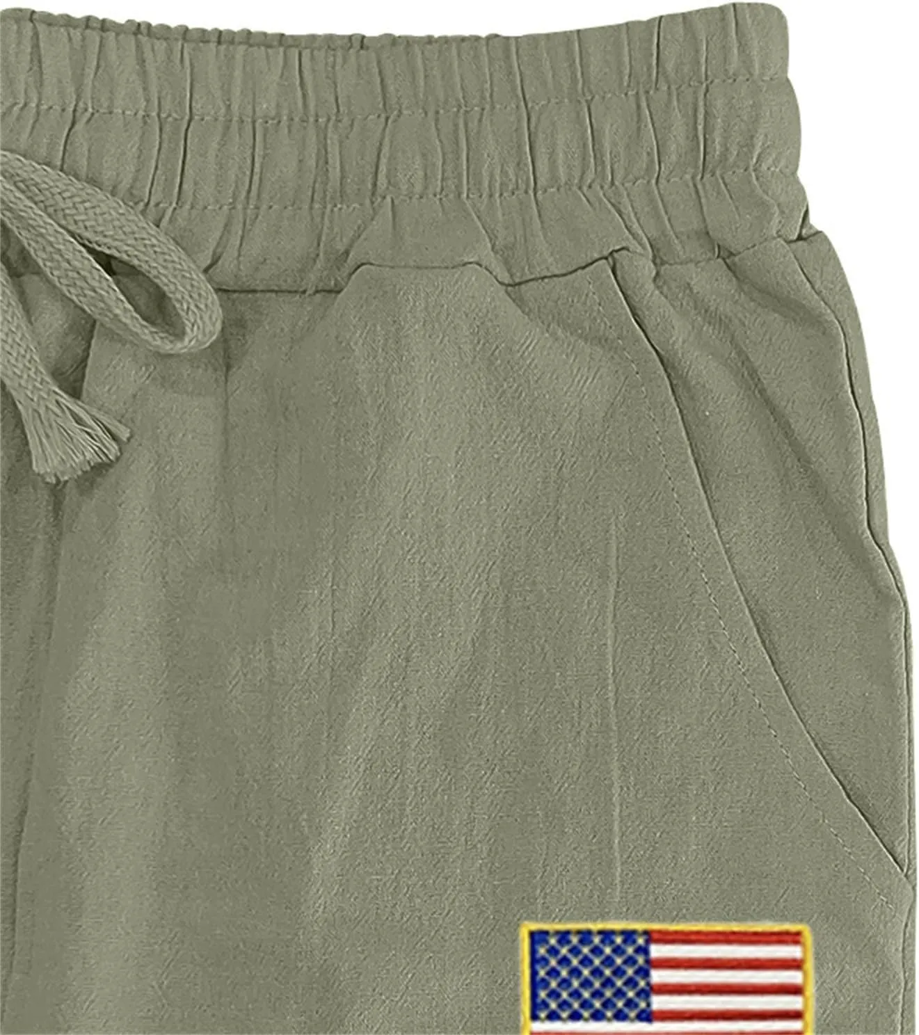 Cotton Linen Cargo Pants for Men America Flag Print Summer Casual Elastic Waist Pant with Pockets Boho Beach Trousers