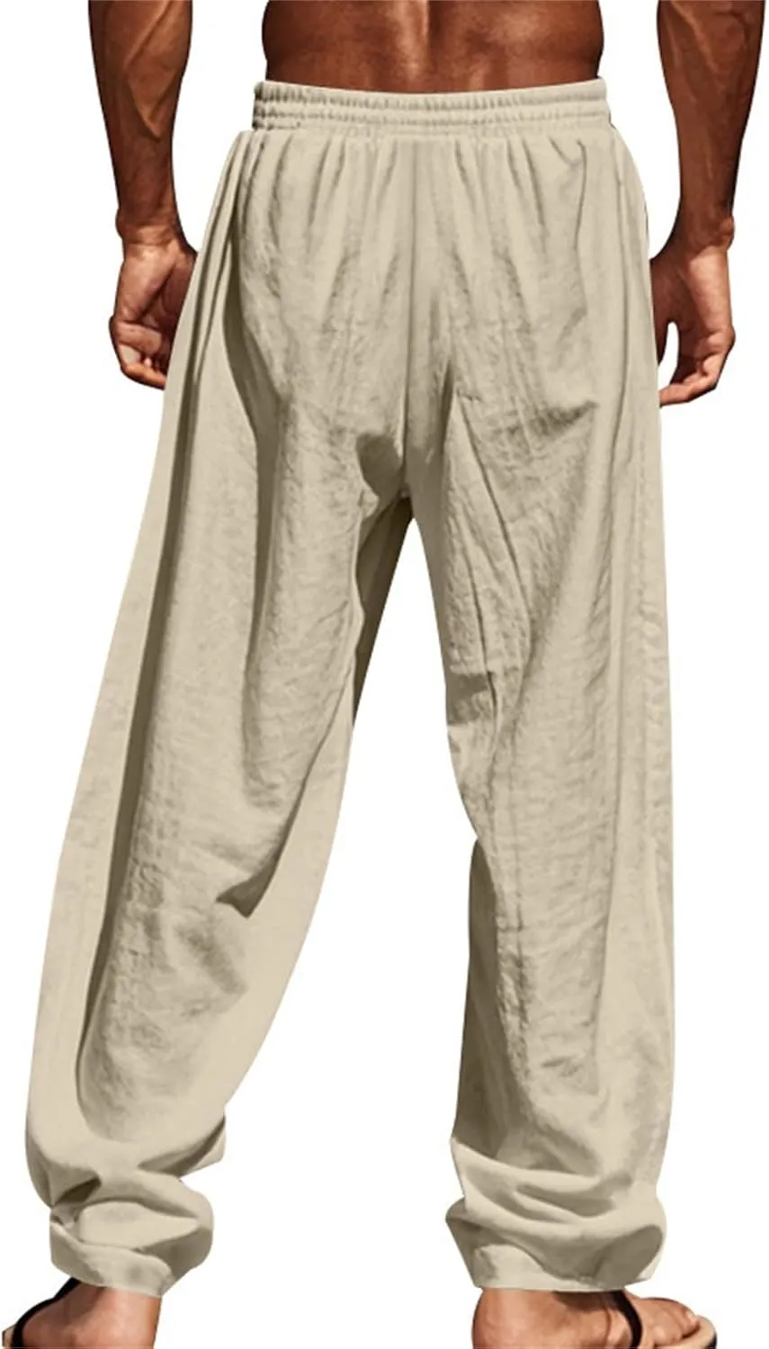 Cotton Linen Cargo Pants for Men America Flag Print Summer Casual Elastic Waist Pant with Pockets Boho Beach Trousers