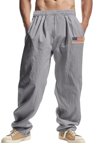 Cotton Linen Cargo Pants for Men America Flag Print Summer Casual Elastic Waist Pant with Pockets Boho Beach Trousers
