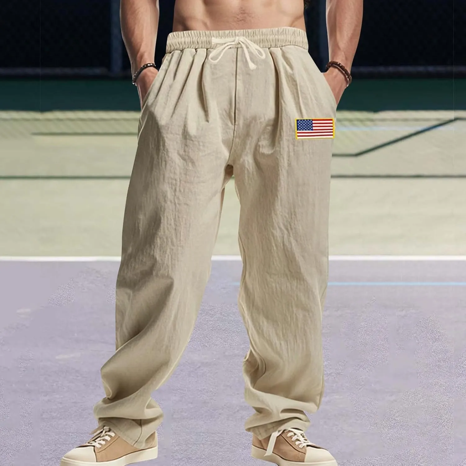 Cotton Linen Cargo Pants for Men America Flag Print Summer Casual Elastic Waist Pant with Pockets Boho Beach Trousers