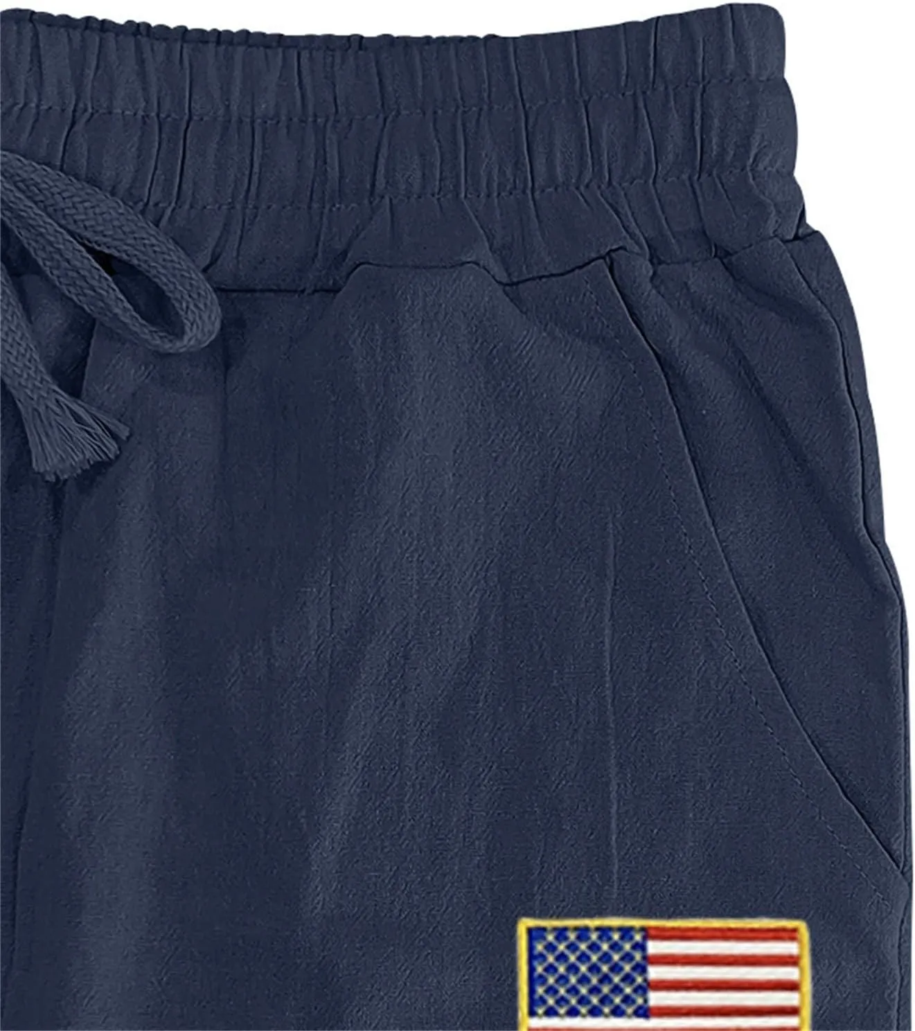 Cotton Linen Cargo Pants for Men America Flag Print Summer Casual Elastic Waist Pant with Pockets Boho Beach Trousers