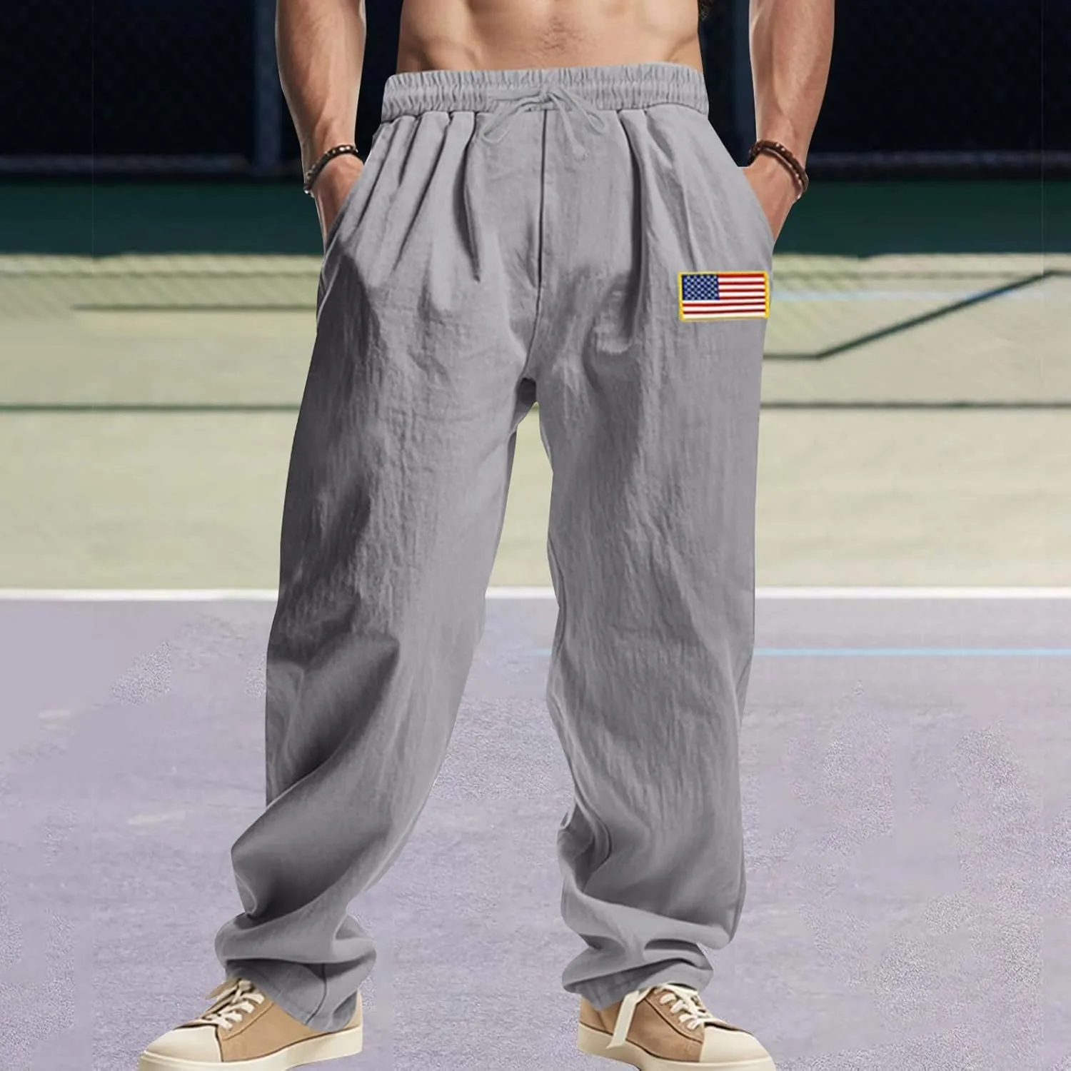 Cotton Linen Cargo Pants for Men America Flag Print Summer Casual Elastic Waist Pant with Pockets Boho Beach Trousers