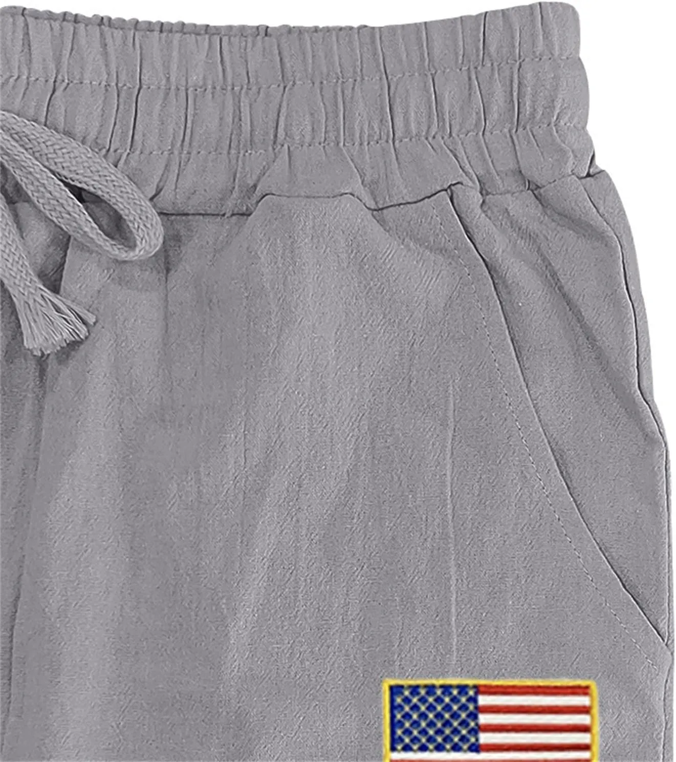 Cotton Linen Cargo Pants for Men America Flag Print Summer Casual Elastic Waist Pant with Pockets Boho Beach Trousers
