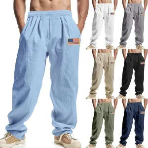 Cotton Linen Cargo Pants for Men Summer Casual Elastic Waist Pant with Pockets Relaxed Fit Beach Yoga Travel Lounge