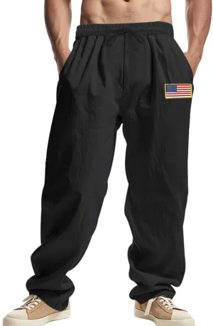Cotton Linen Cargo Pants for Men Summer Casual Elastic Waist Pant with Pockets Relaxed Fit Beach Yoga Travel Lounge