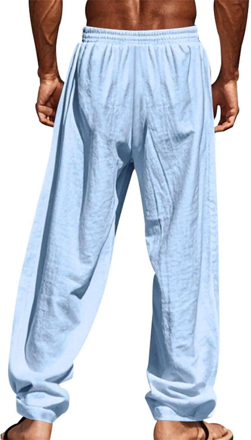 Cotton Linen Cargo Pants for Men Summer Casual Elastic Waist Pant with Pockets Relaxed Fit Beach Yoga Travel Lounge