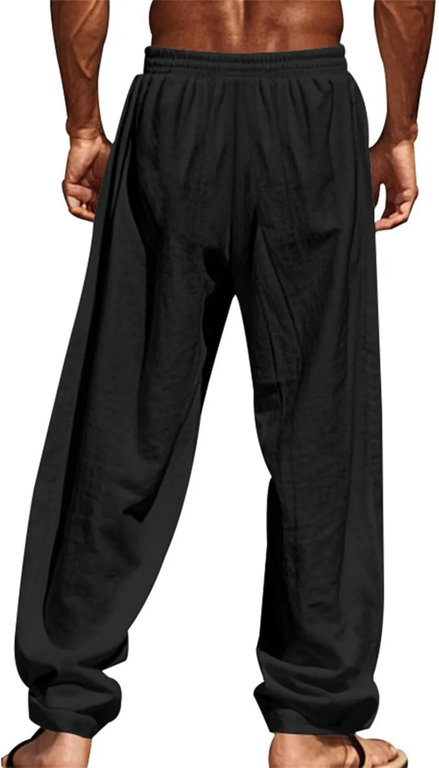 Cotton Linen Cargo Pants for Men Summer Casual Elastic Waist Pant with Pockets Relaxed Fit Beach Yoga Travel Lounge