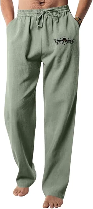Cotton Linen Casual Pants for Men Funny Ghost Graphic Halloween Trousers Elasitc Waist Drawstring Loose Linen Trouser