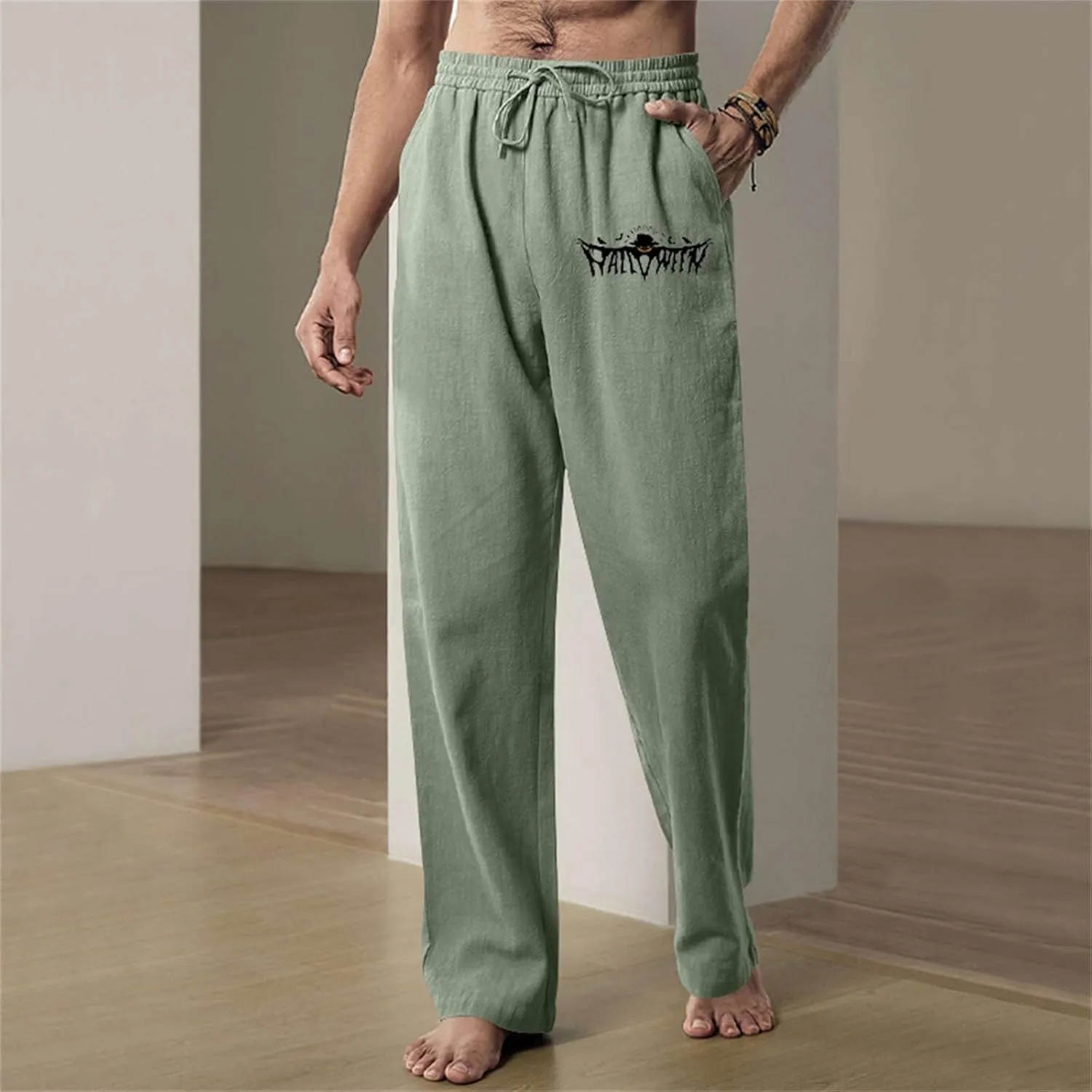 Cotton Linen Casual Pants for Men Funny Ghost Graphic Halloween Trousers Elasitc Waist Drawstring Loose Linen Trouser