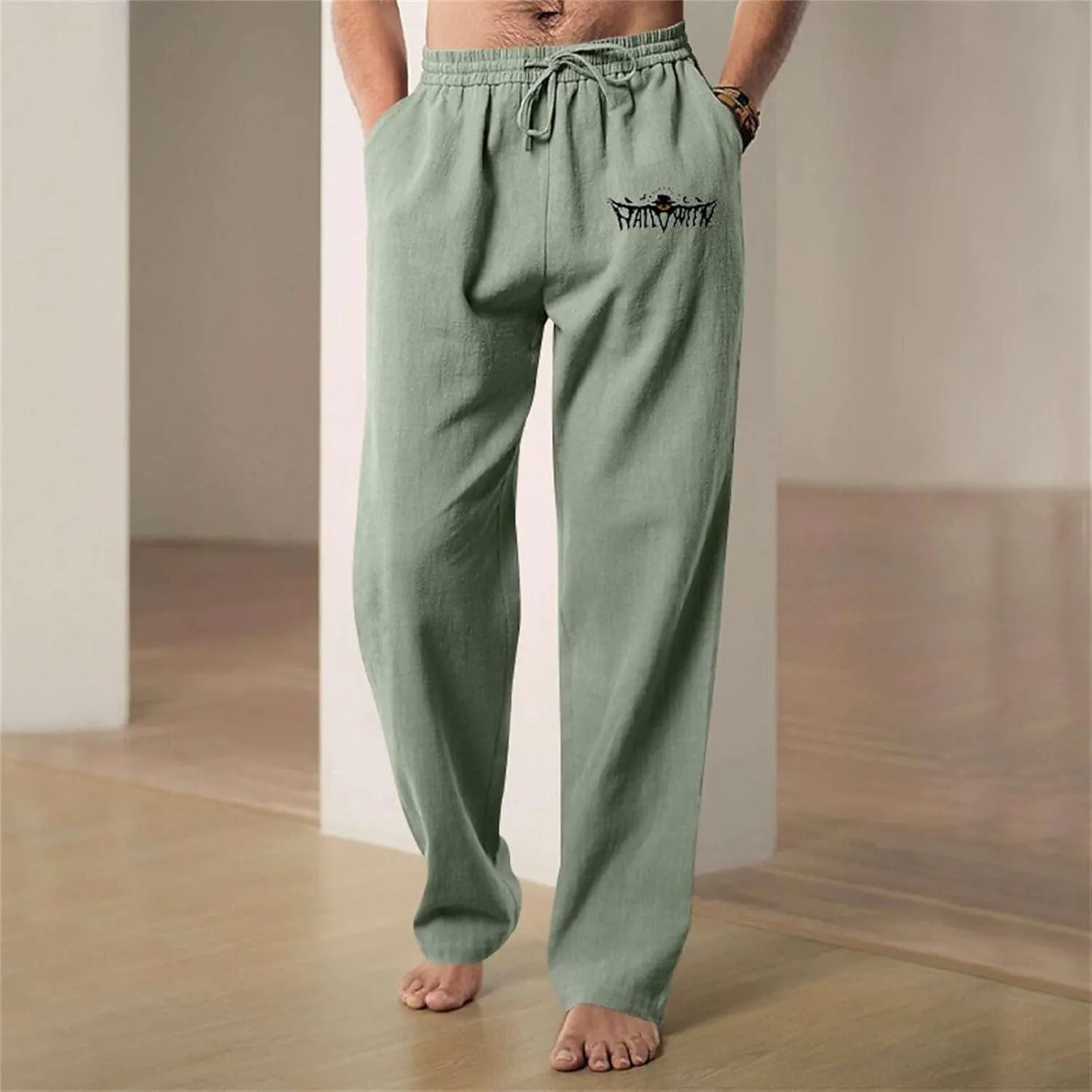 Cotton Linen Casual Pants for Men Funny Ghost Graphic Halloween Trousers Elasitc Waist Drawstring Loose Linen Trouser