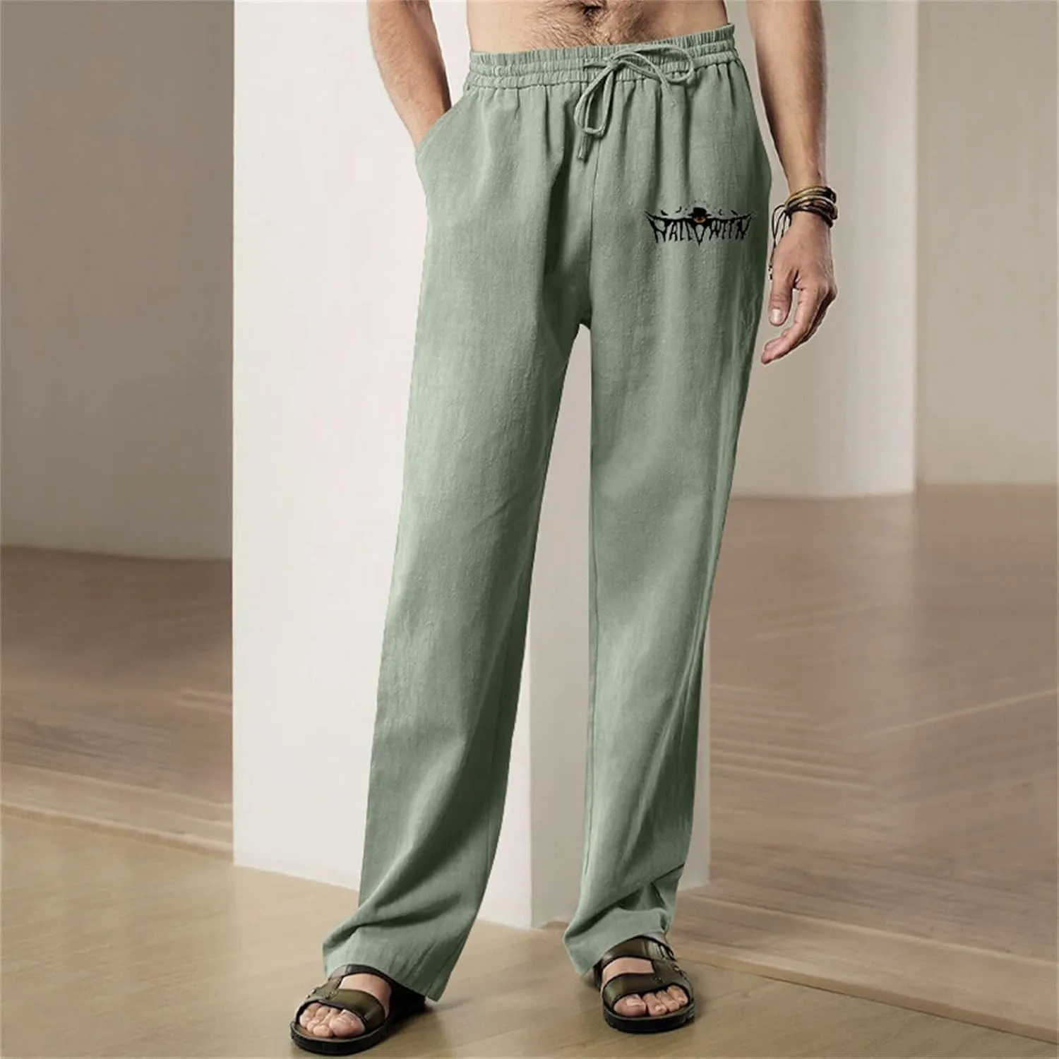 Cotton Linen Casual Pants for Men Funny Ghost Graphic Halloween Trousers Elasitc Waist Drawstring Loose Linen Trouser