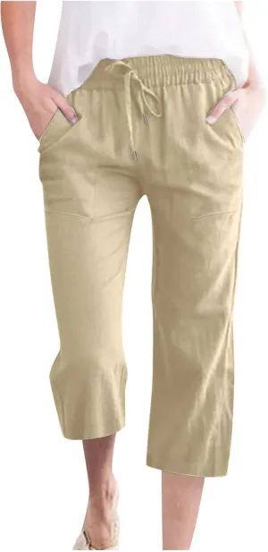 Cotton Linen Pants for Women 2024 Summer Drawstring Elastic Capri Pants High Waist Linen Pant Casual Loose Fit Pants