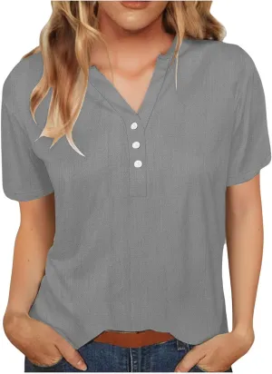 Cotton Linen Tops for Women Loose Fit V Neck Button Down Henley Shirts Summer Short Sleeve Blouse Beach Tee Shirt