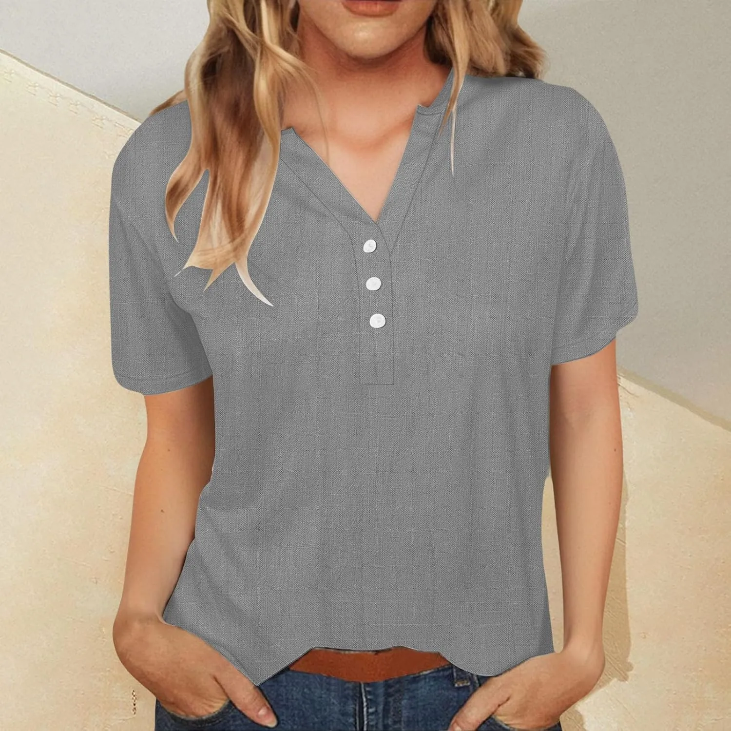 Cotton Linen Tops for Women Loose Fit V Neck Button Down Henley Shirts Summer Short Sleeve Blouse Beach Tee Shirt