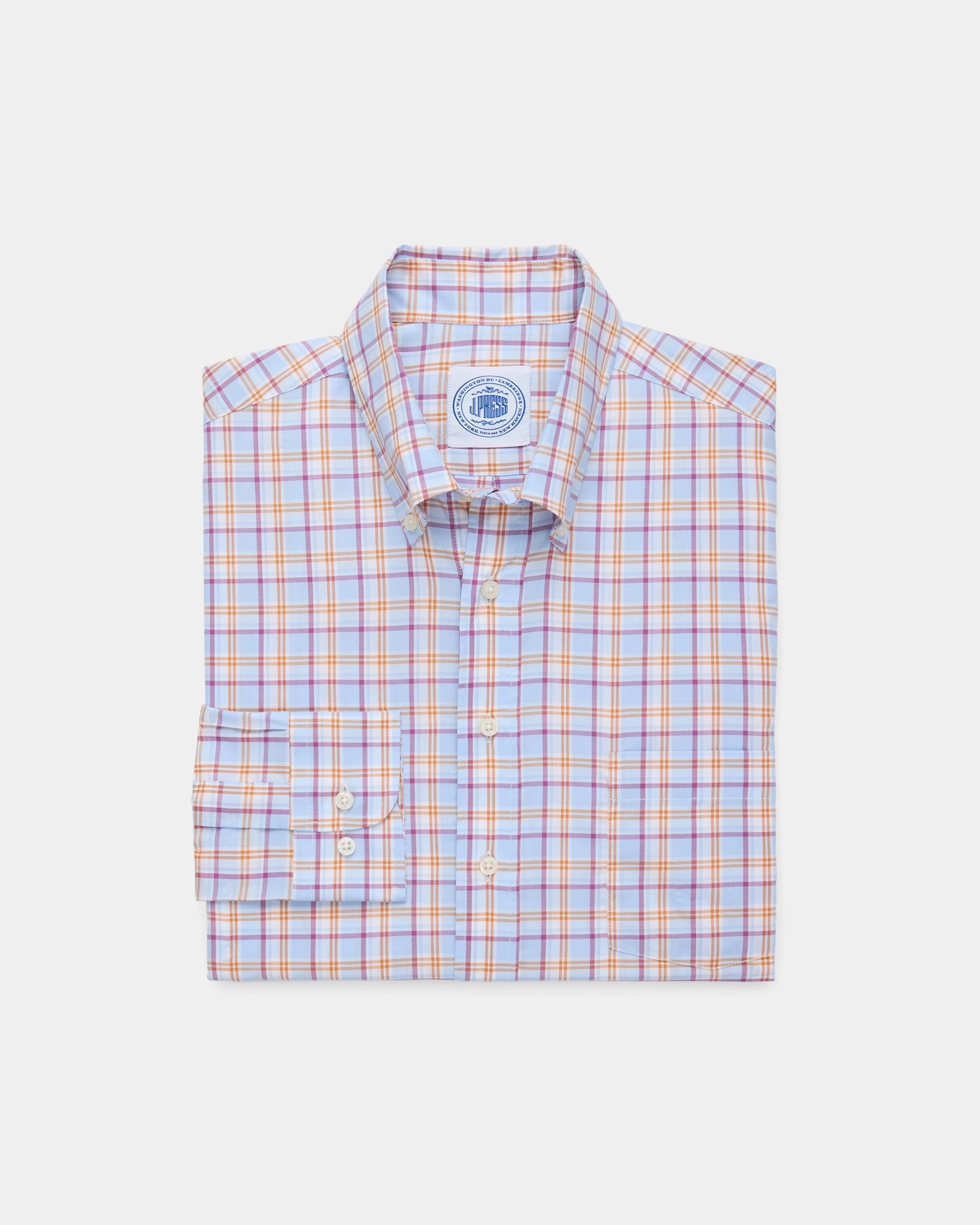 Monochrome Palette Checkered Print Made-in-USA Blue & Orange Windowpane Sport Shirt - Classic Fit