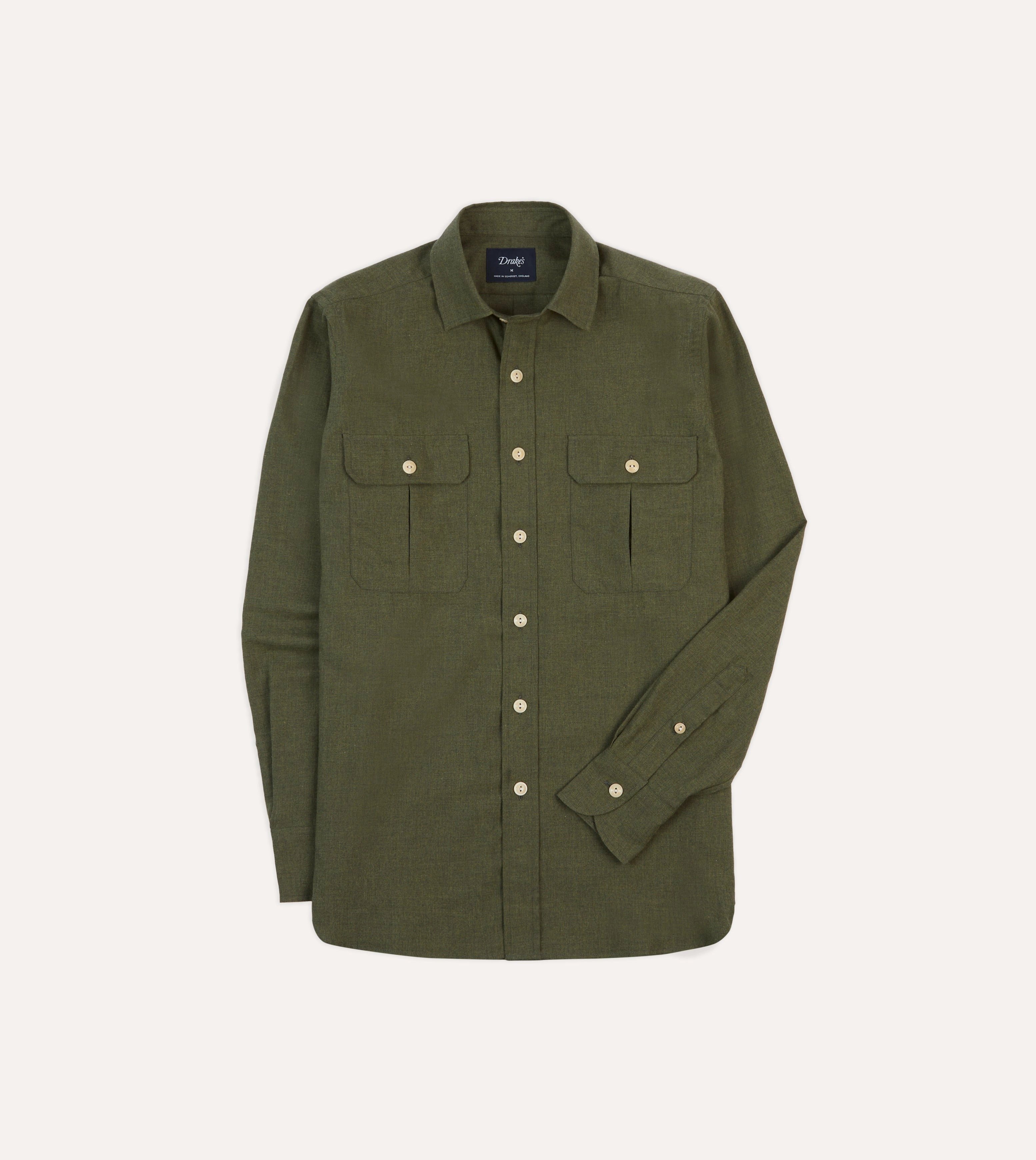 Khaki Green Cotton Flannel Two-Pocket Work Shirt Subtle Print