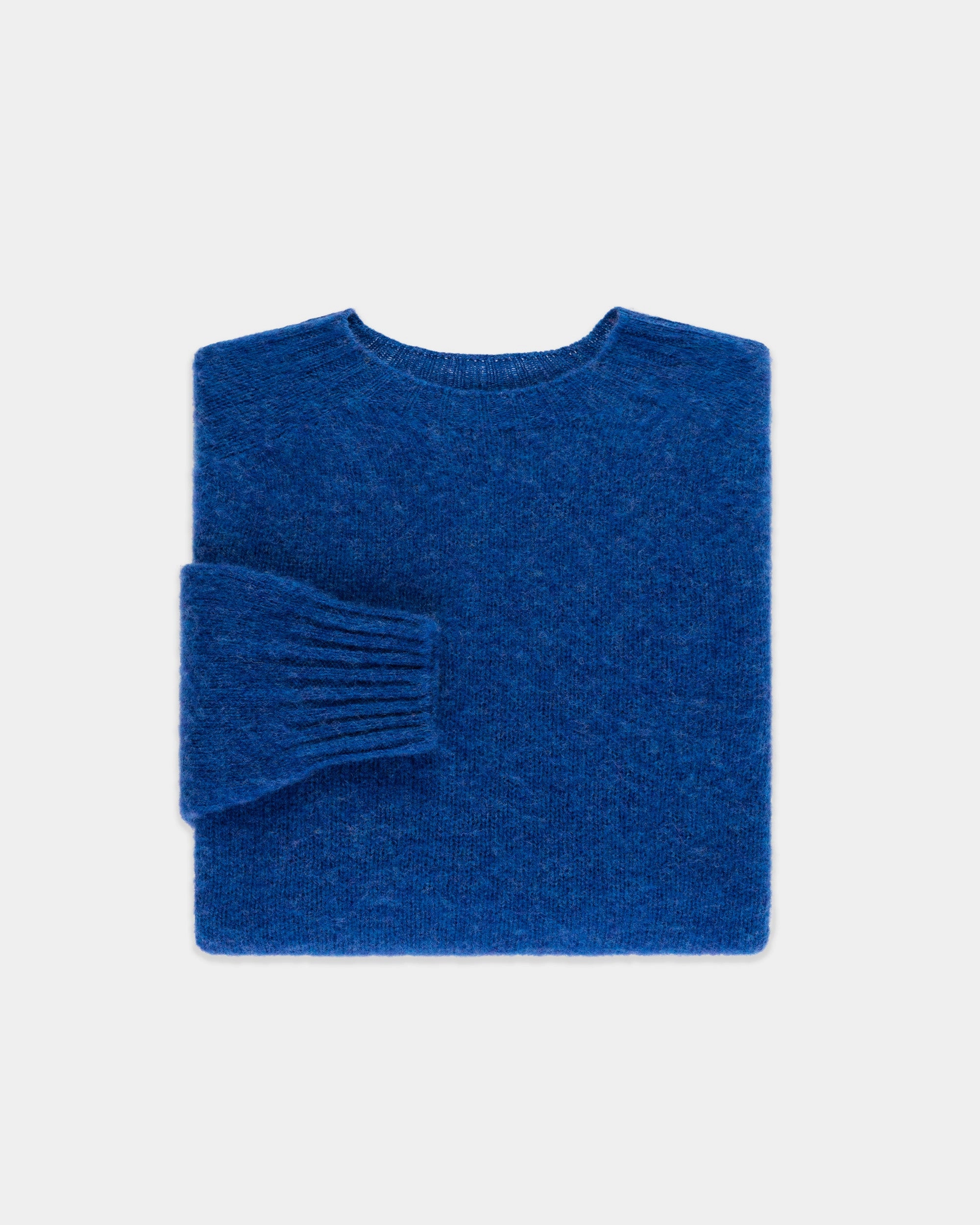 Casual Chic Simple Knit Made-in-Scotland Medium Blue Shaggy Dog Sweater  - Trim Fit