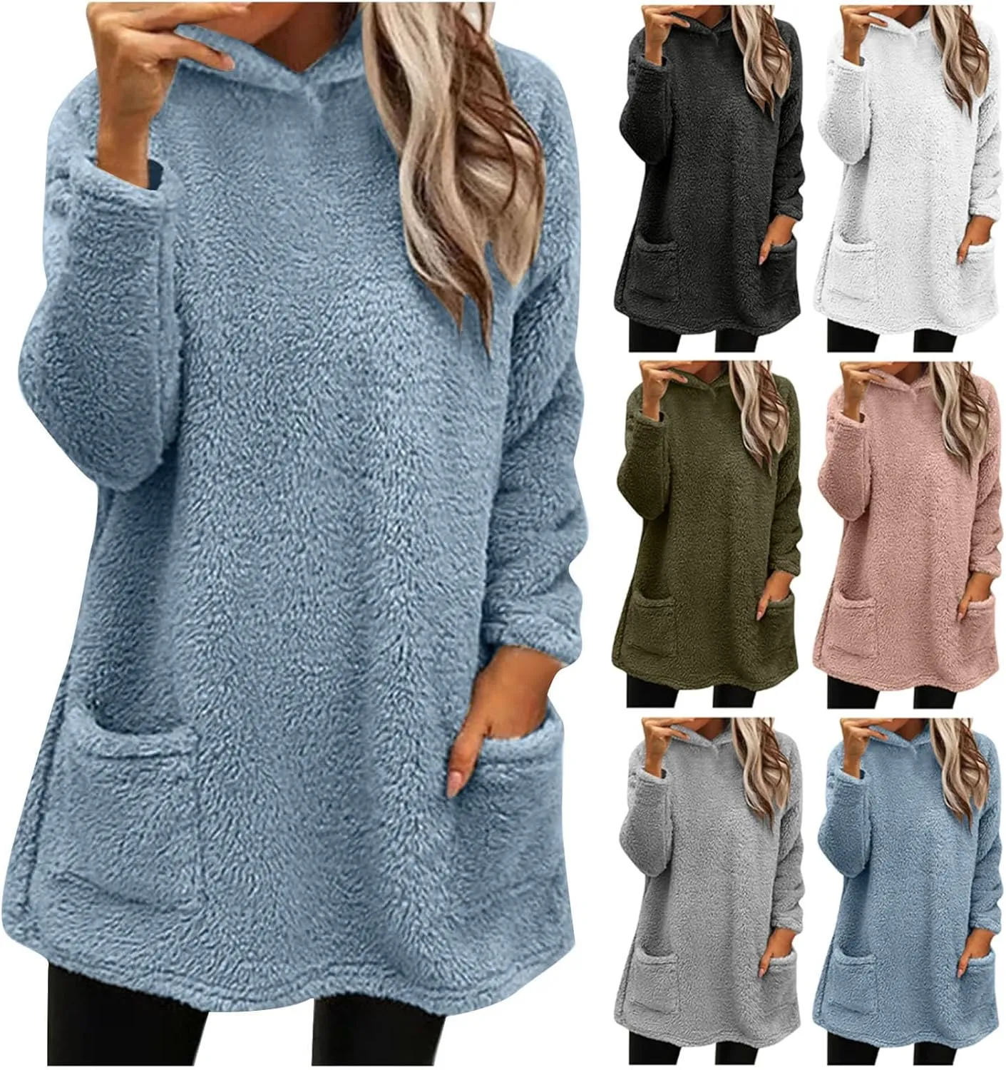 Crewneck Sweatshirts Women Trendy Fuzzy Fleece Pullover Sherpa Tops Oversized Hooded Shirt Fluffy Sweater Tunic Pocket