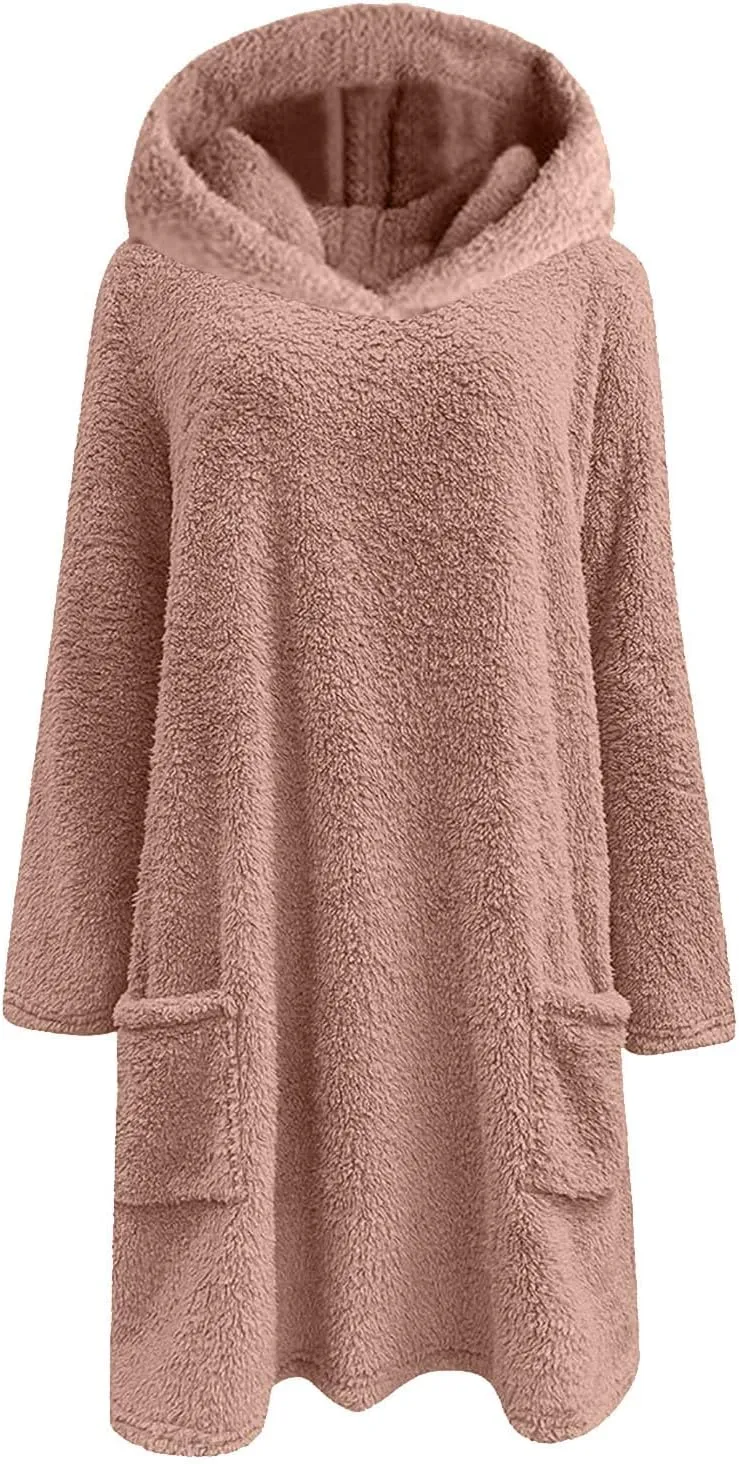 Crewneck Sweatshirts Women Trendy Fuzzy Fleece Pullover Sherpa Tops Oversized Hooded Shirt Fluffy Sweater Tunic Pocket