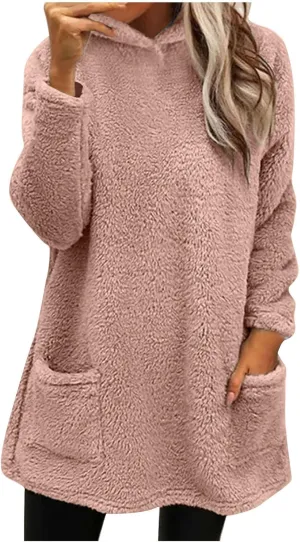 Crewneck Sweatshirts Women Trendy Fuzzy Fleece Pullover Sherpa Tops Oversized Hooded Shirt Fluffy Sweater Tunic Pocket