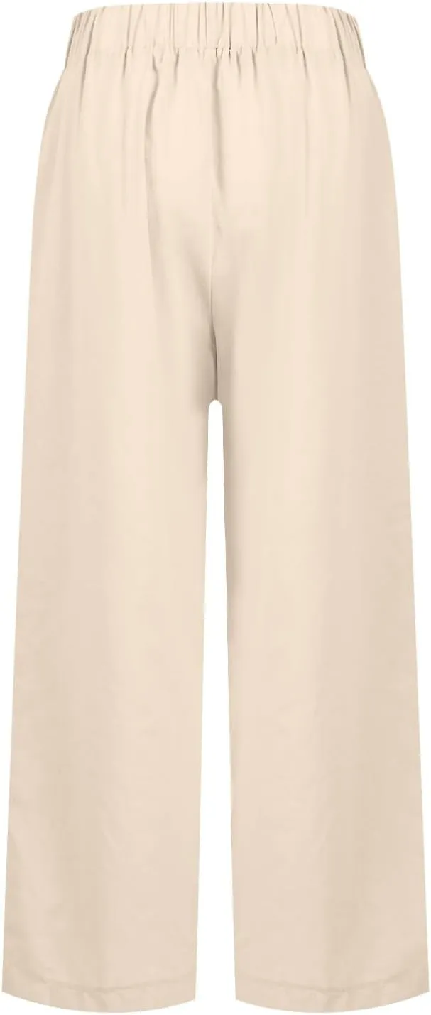 Crop Pants for Women Summer Trousers Loose Elastic Waist Straight Pocket Casual Pants